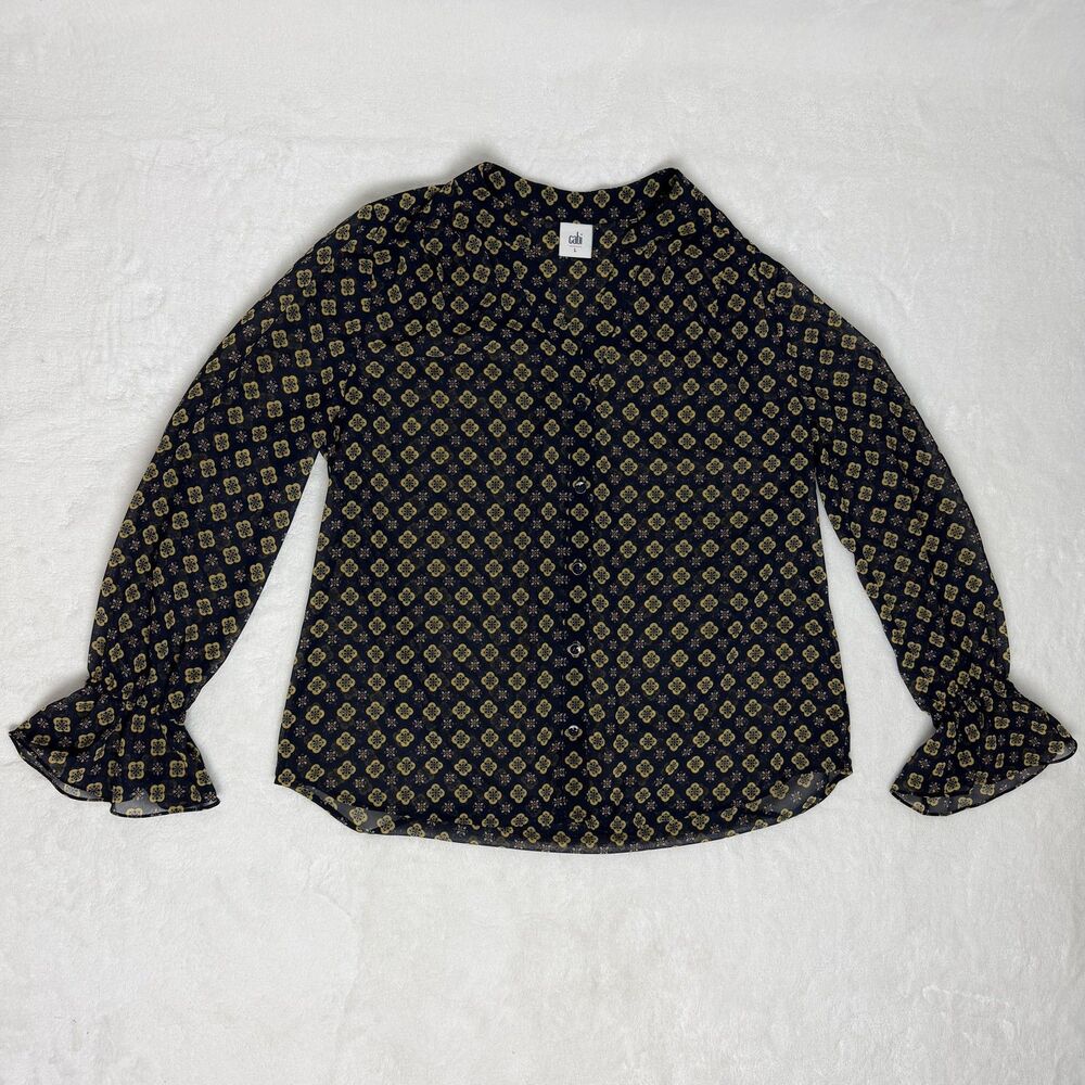 Cabi Shirt Womens Large Blue Geometric V-Neck Sheer Bell Sleeve Button Blouse